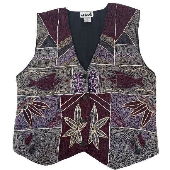 EFFECI Vintage Vest Embroidered Cotton Boho Fish Flowers Black Burgundy - Picture 6 of 11